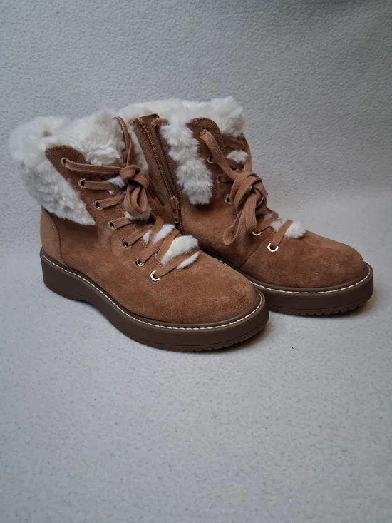 Women's Tan Faux-Suede Lace-Up Fur-Trim Ankle Boots - Picture 2 of 9